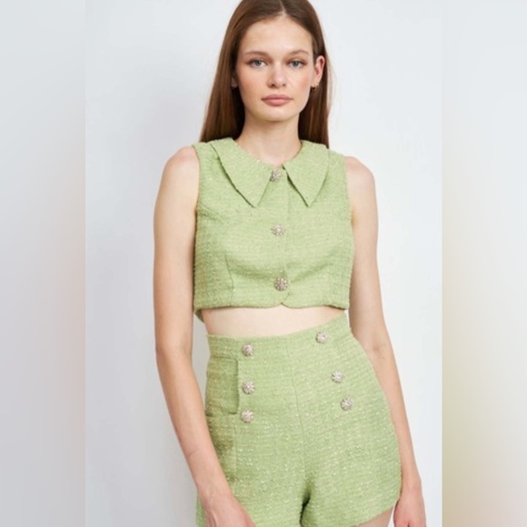 En Saison Pants - En Saison Nadine Tweed Button Down Vest and Shorts Set in Green